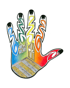 The outline of a hand filled with a rainbow room interior, influenced by traditional Native American art.